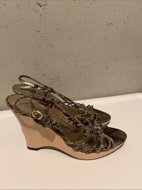 Anne Klein Braided Snake-Print Tan Wedge Sandals